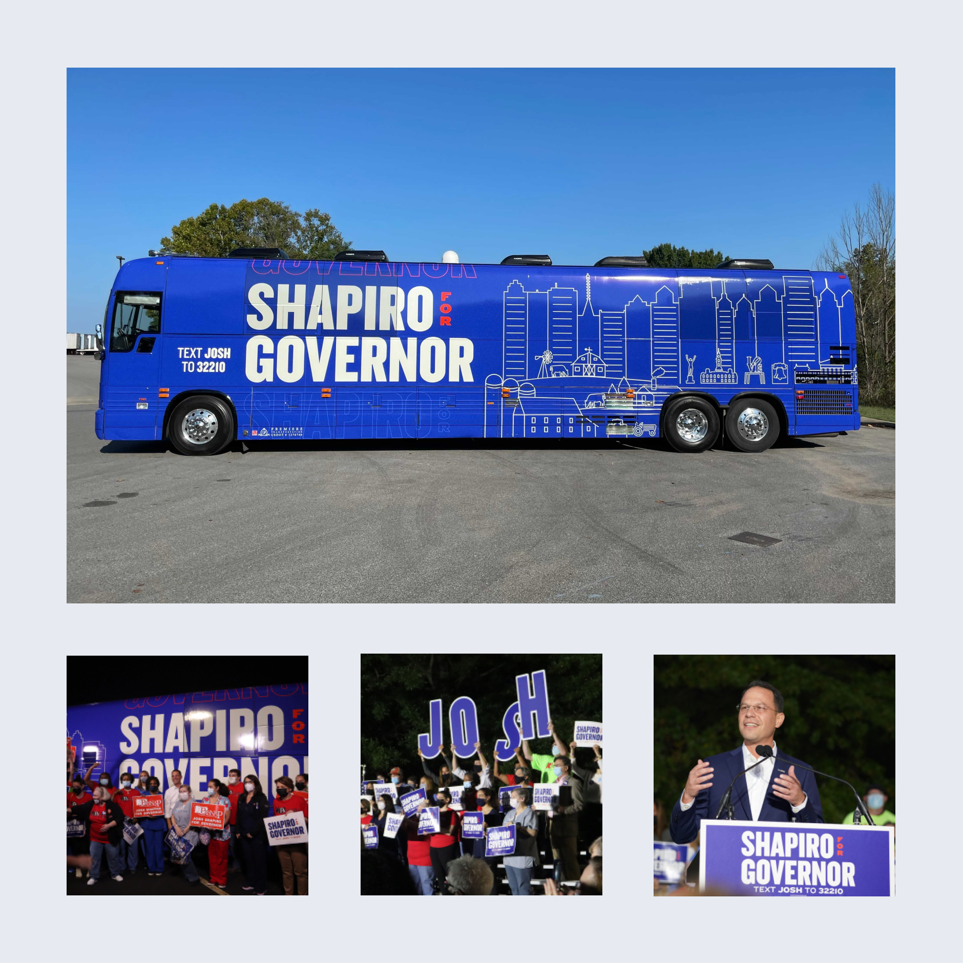 Shapiro for Governor branding locked up on a bus, podium, and signs