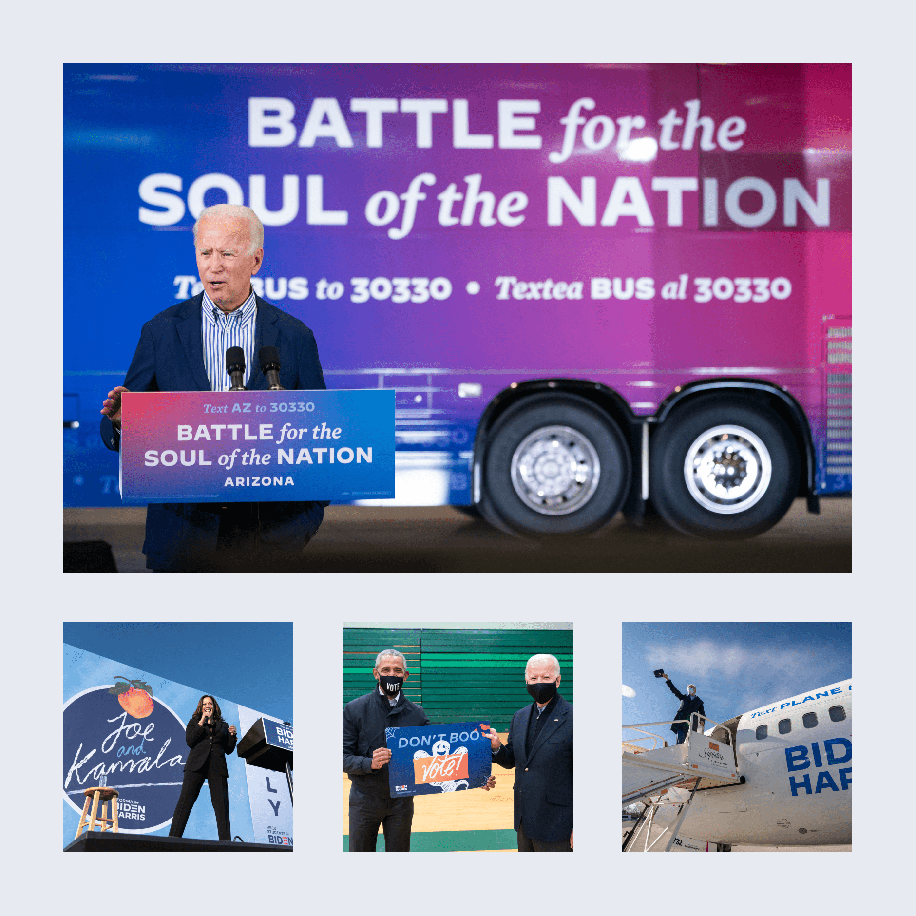 Series of photos showing branding in various places. On a bus, on a plane, and on a stage.