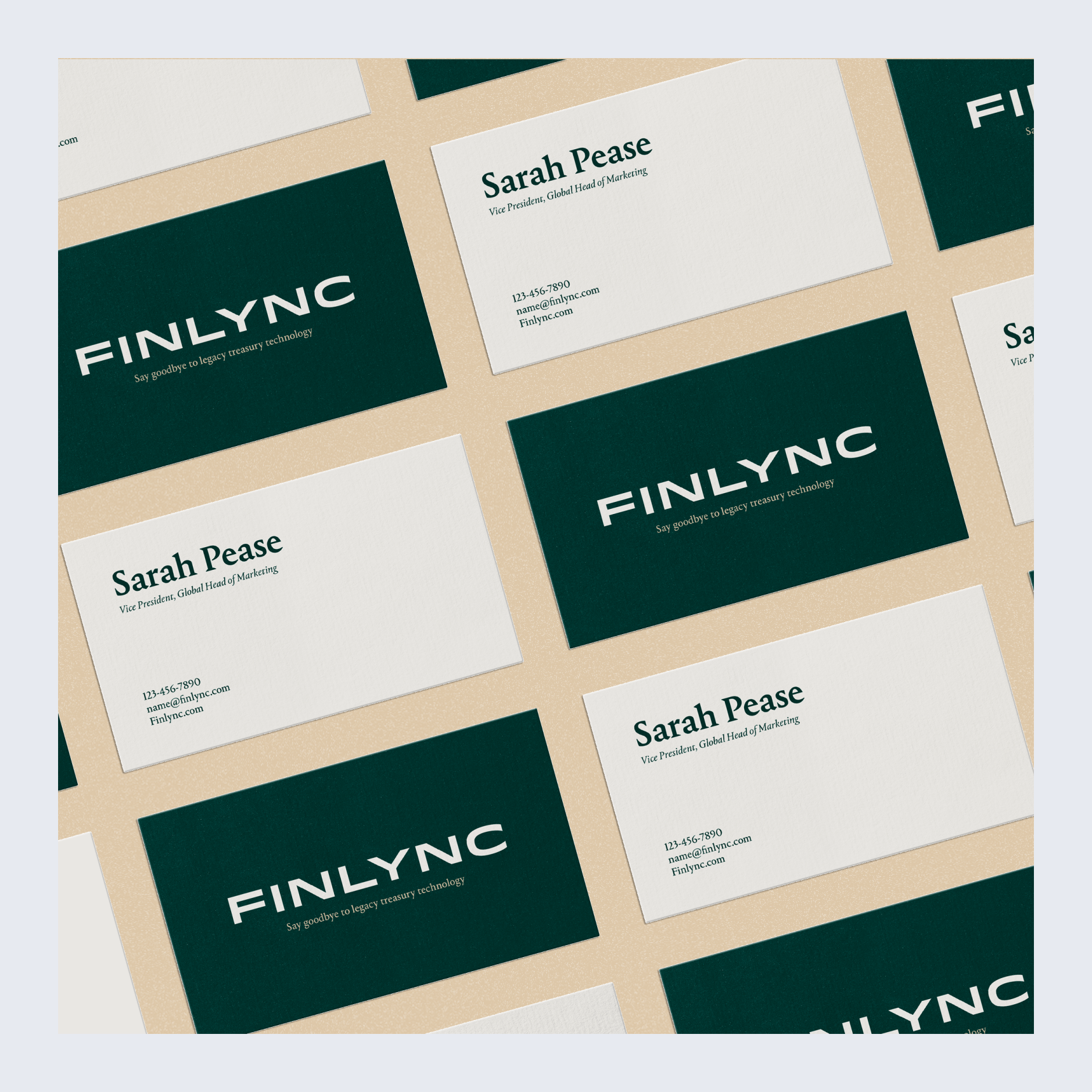 Series of Finlync business cards laid out in a grid