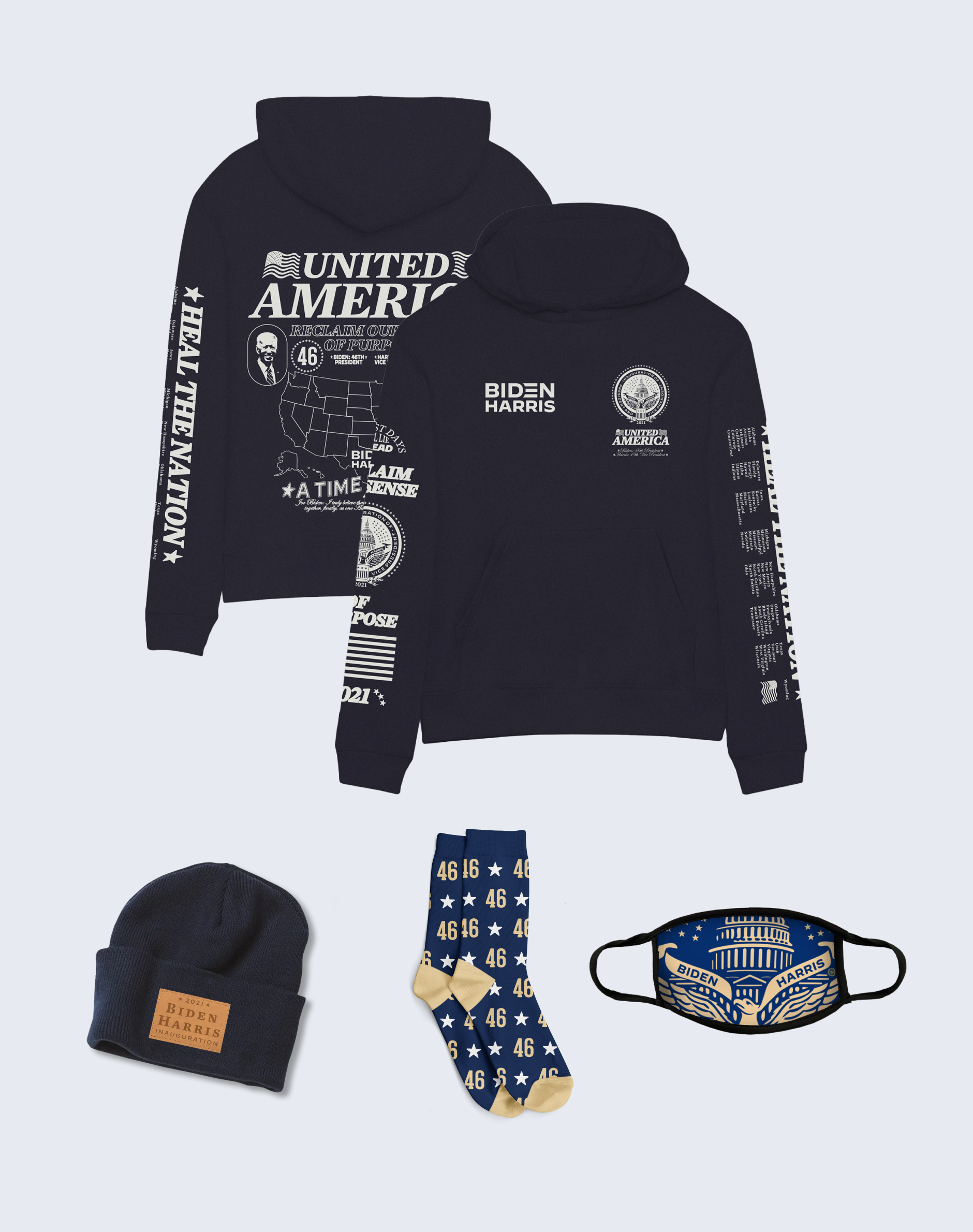 Sweatshirt, hat, socks, and mask with Inauguration designs