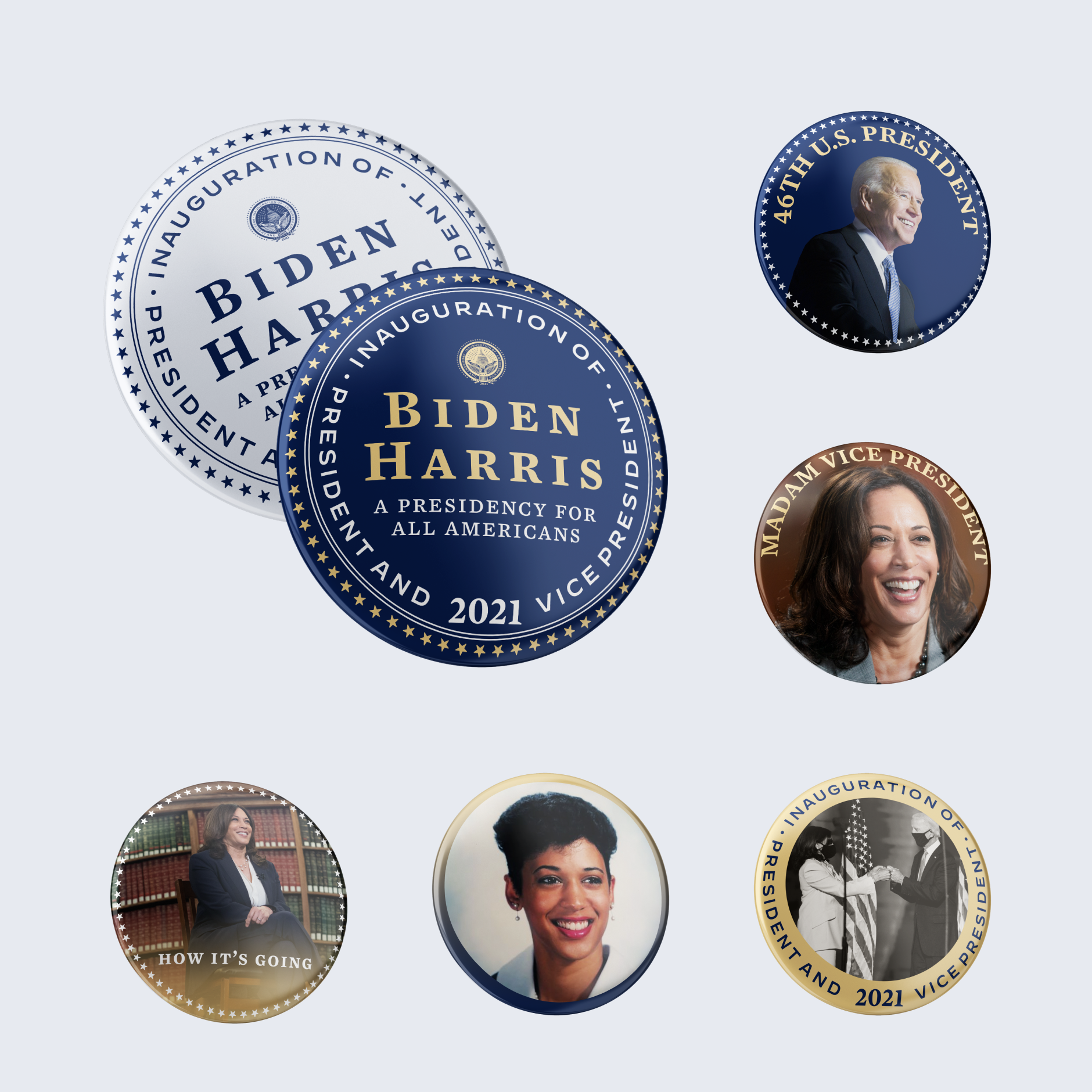 Pins with Biden Harris logo, Vice President Harris, and President Biden