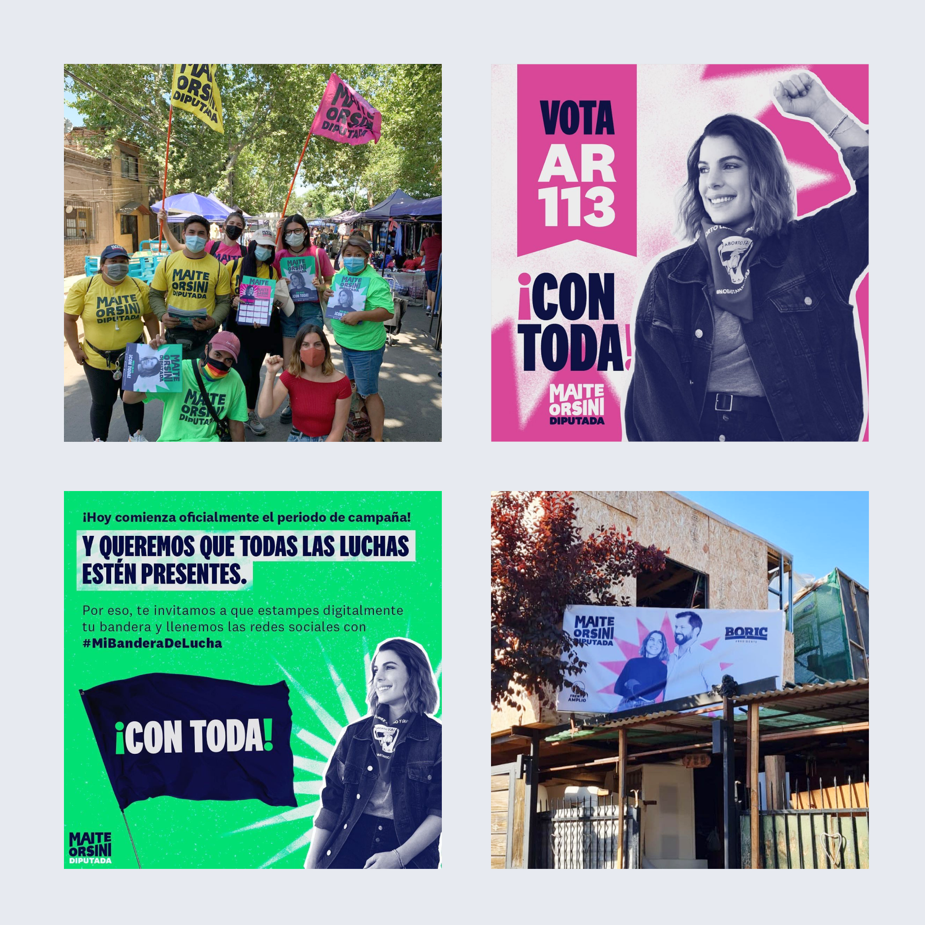 Grid of images showing the branding on signs and merch along with posters