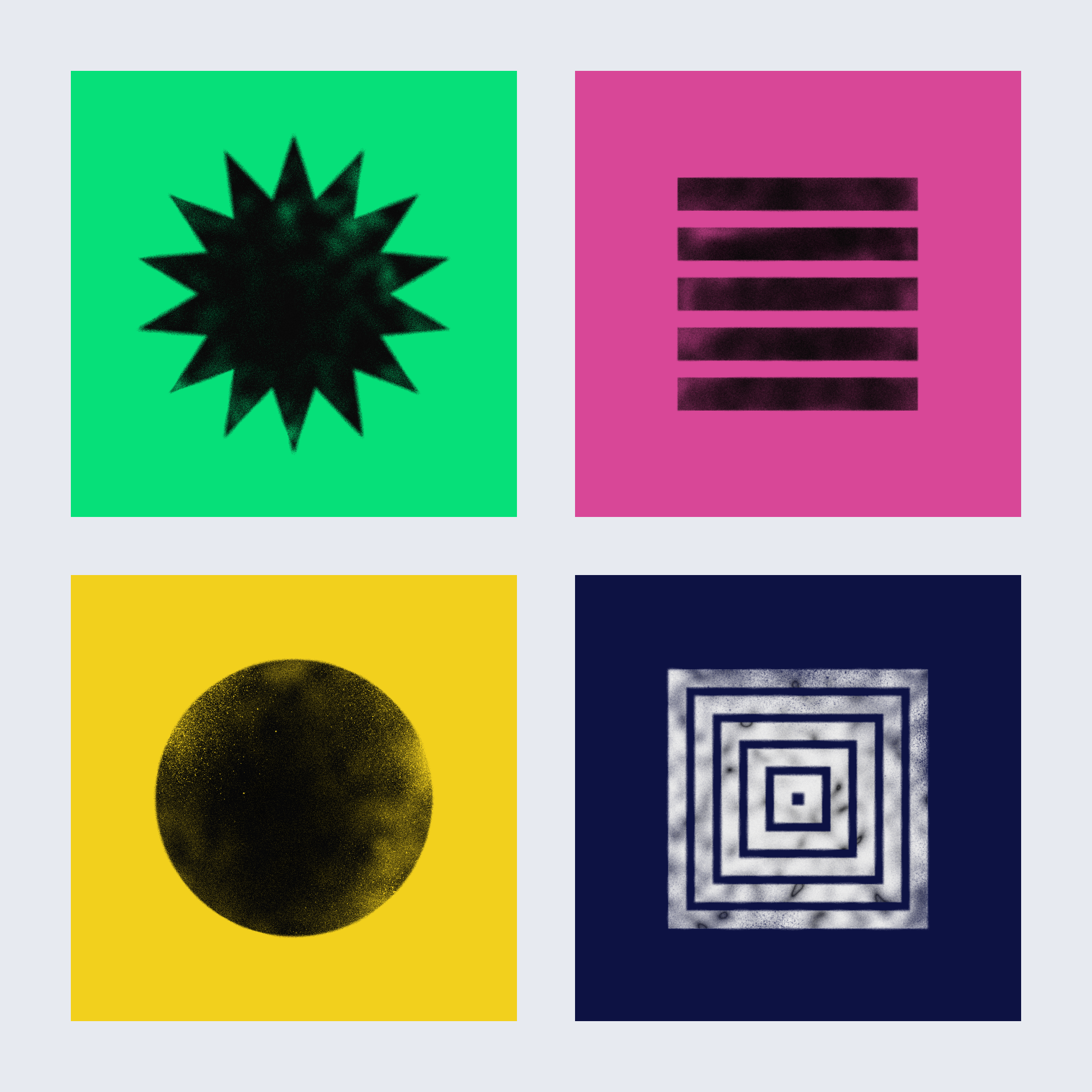 Series of icons in black on green, pink, yellow, and navy backgrounds