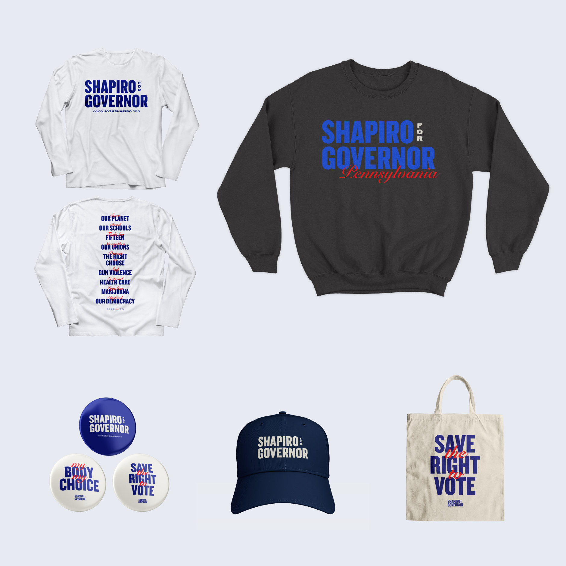 Shapiro for Governor branding on sweatshirts, pins, a hat, and a tote