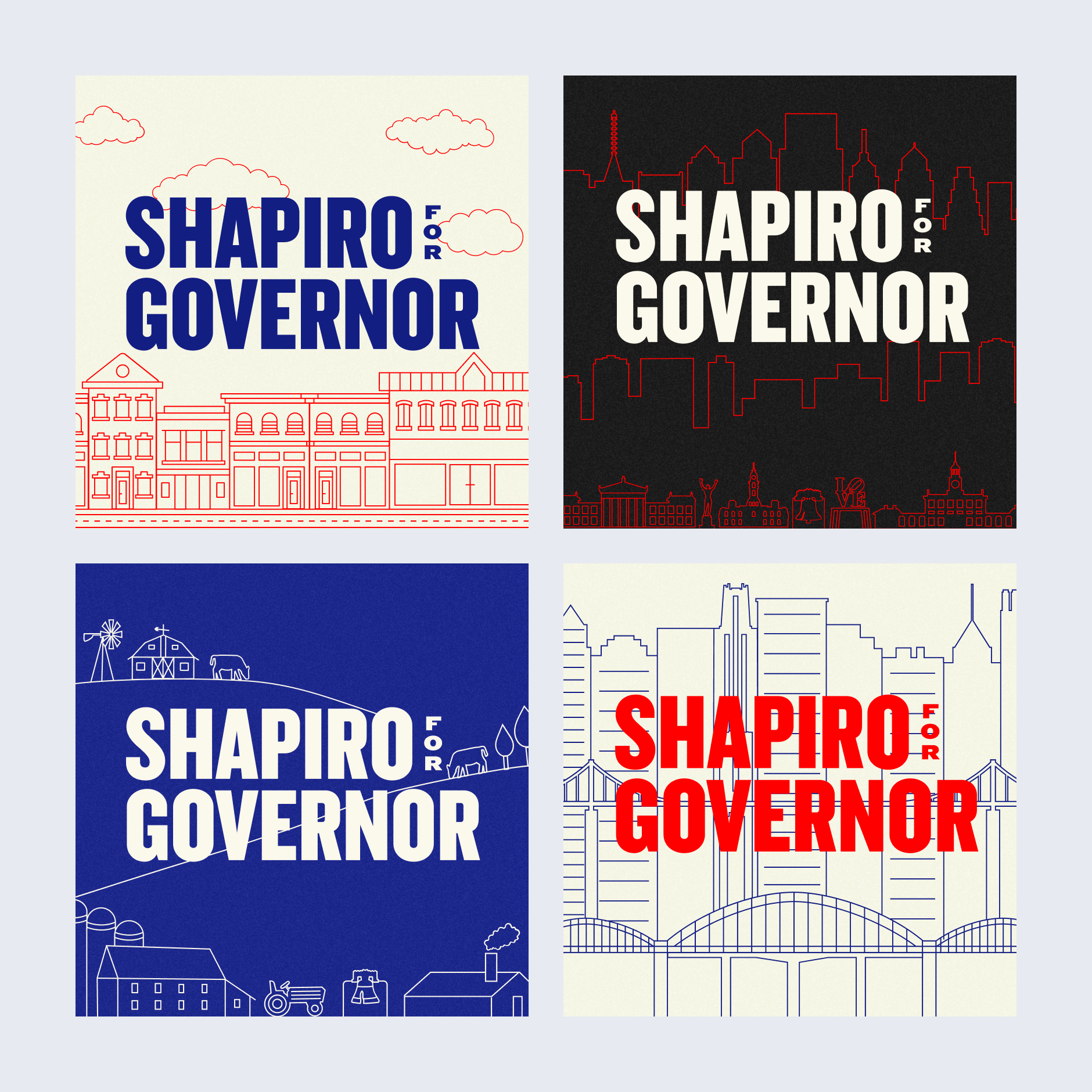 Shapiro for Governor logo on top of various illustrations of cities