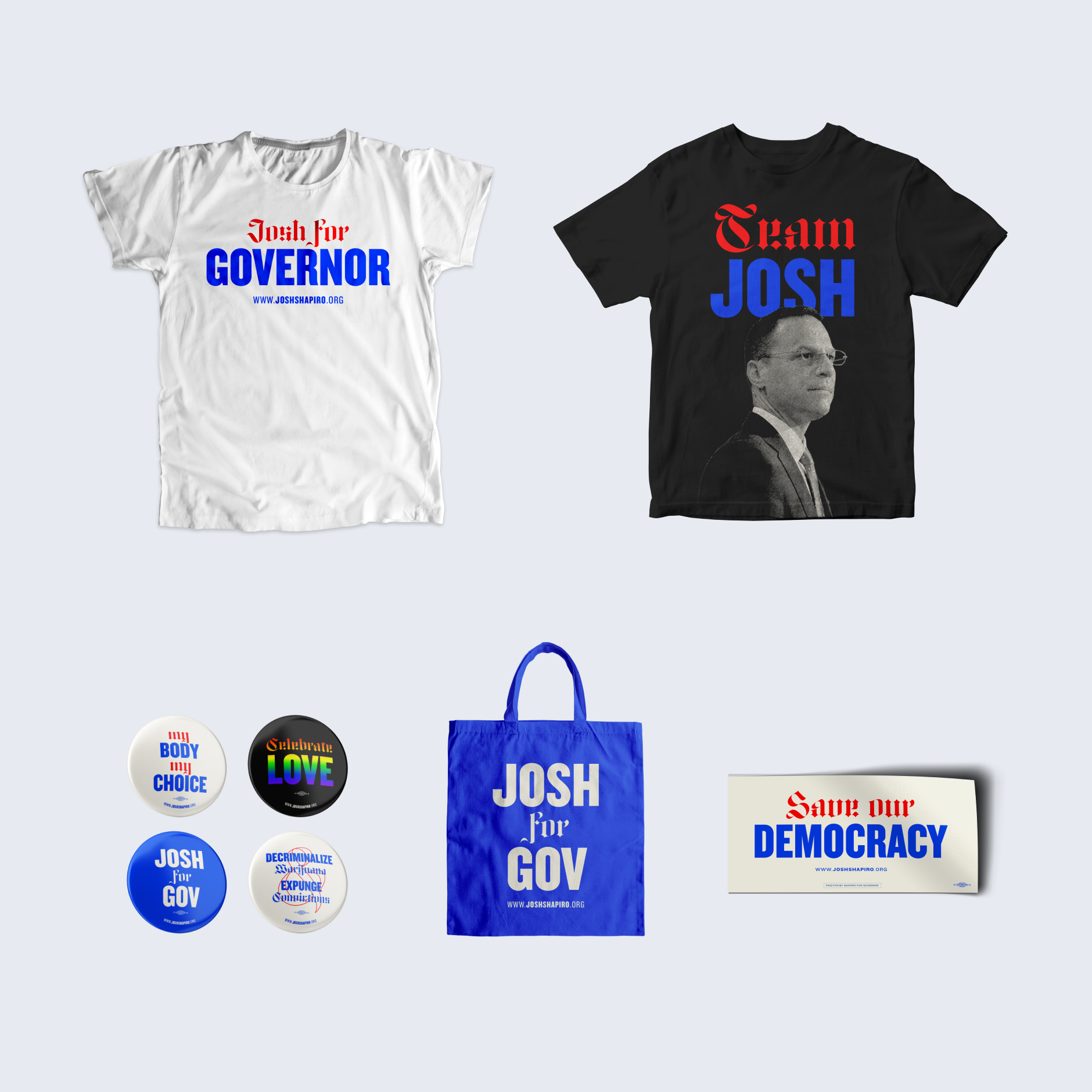Shapiro for Governor branding on t-shirts, pinks, a tote, and a bumper sticker