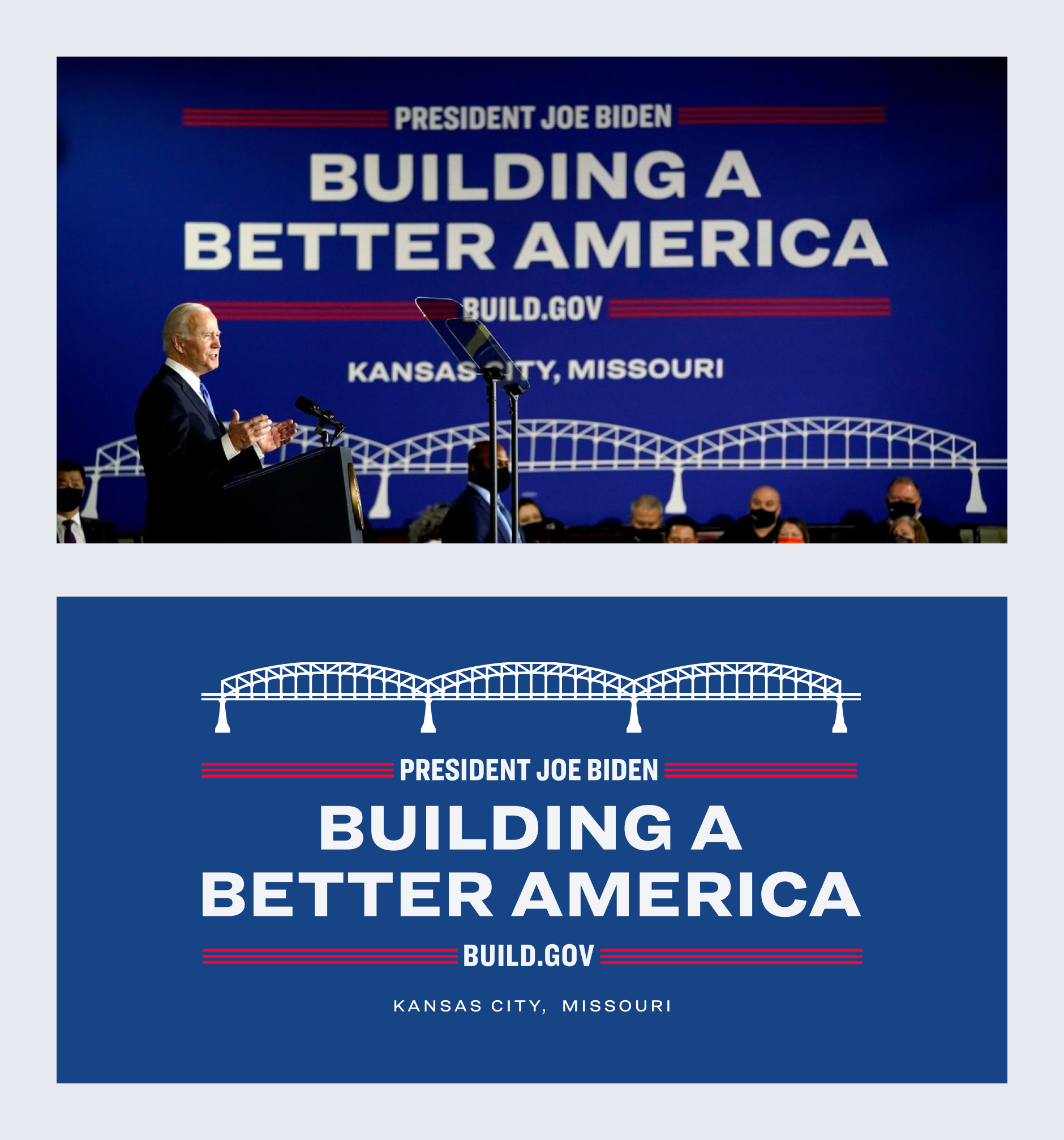 Building a Better America logo on blue shown on a wall behind President Biden as he speaks at a podium